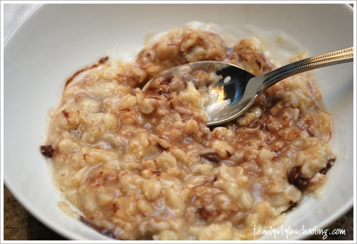 stir chocolate chips in oatmeal