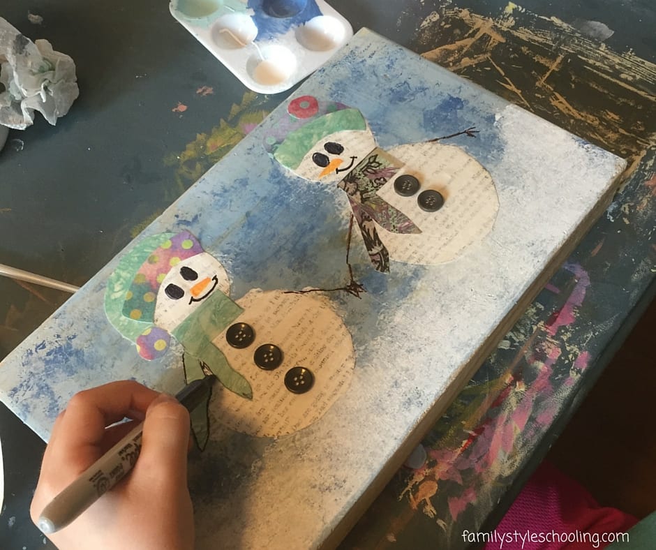 My youngest forgot to paint one side of her wooden block, so we just turned it sideways (happy accident) and she added two snowmen! I love it!